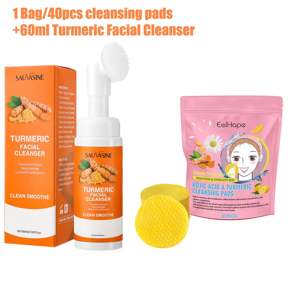 Turmeric Facial Cleanser Pads - 40 Count Exfoliating Kojic Acid Treatment for Dark Spot Reduction and Skin Brightening
