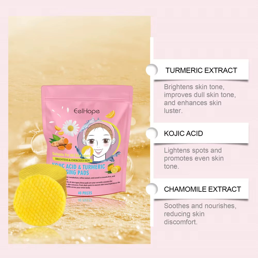 Turmeric Facial Cleanser Pads - 40 Count Exfoliating Kojic Acid Treatment for Dark Spot Reduction and Skin Brightening